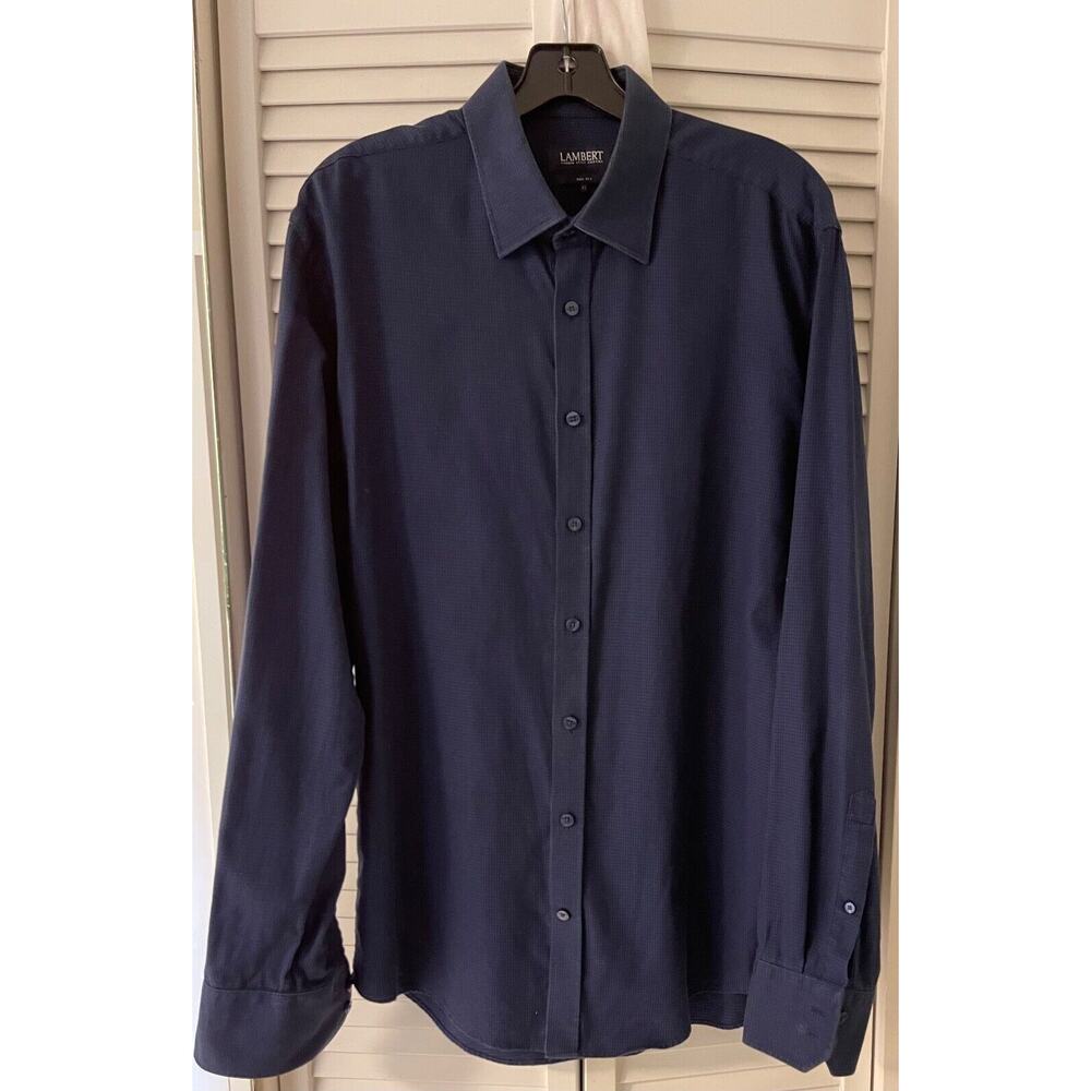 Lambert Men's 100% Cotton Long Sleeve Dress Size 43 Solid Navy w/Variation A+